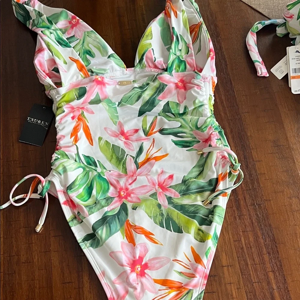 NWT Ralph Lauren Women’s Tropical White and Green Leaf Print Swimsuit Size 12